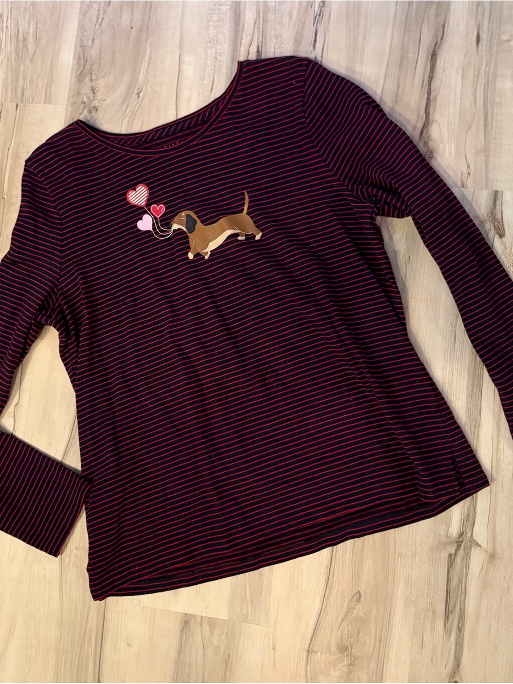 Talbots Burgundy and Black Striped Long-Sleeve Tee with Dachshund Heart Graphic